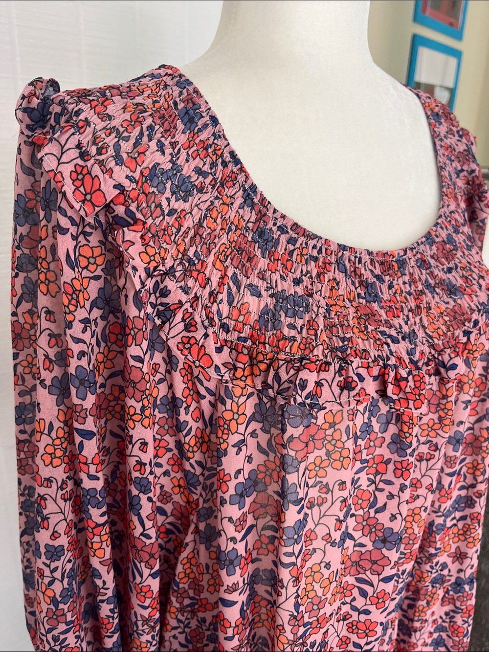 Wayward Fancies Floral Smocked Yoke Dress in Rose and Navy size xl